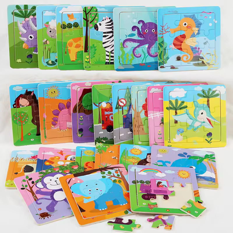 Hot Selling Montessori Early Educational Leaning Game Toys Wooden 9Pcs Cartoon Animal Car Jigsaw Puzzles For Kids Boys And Girls